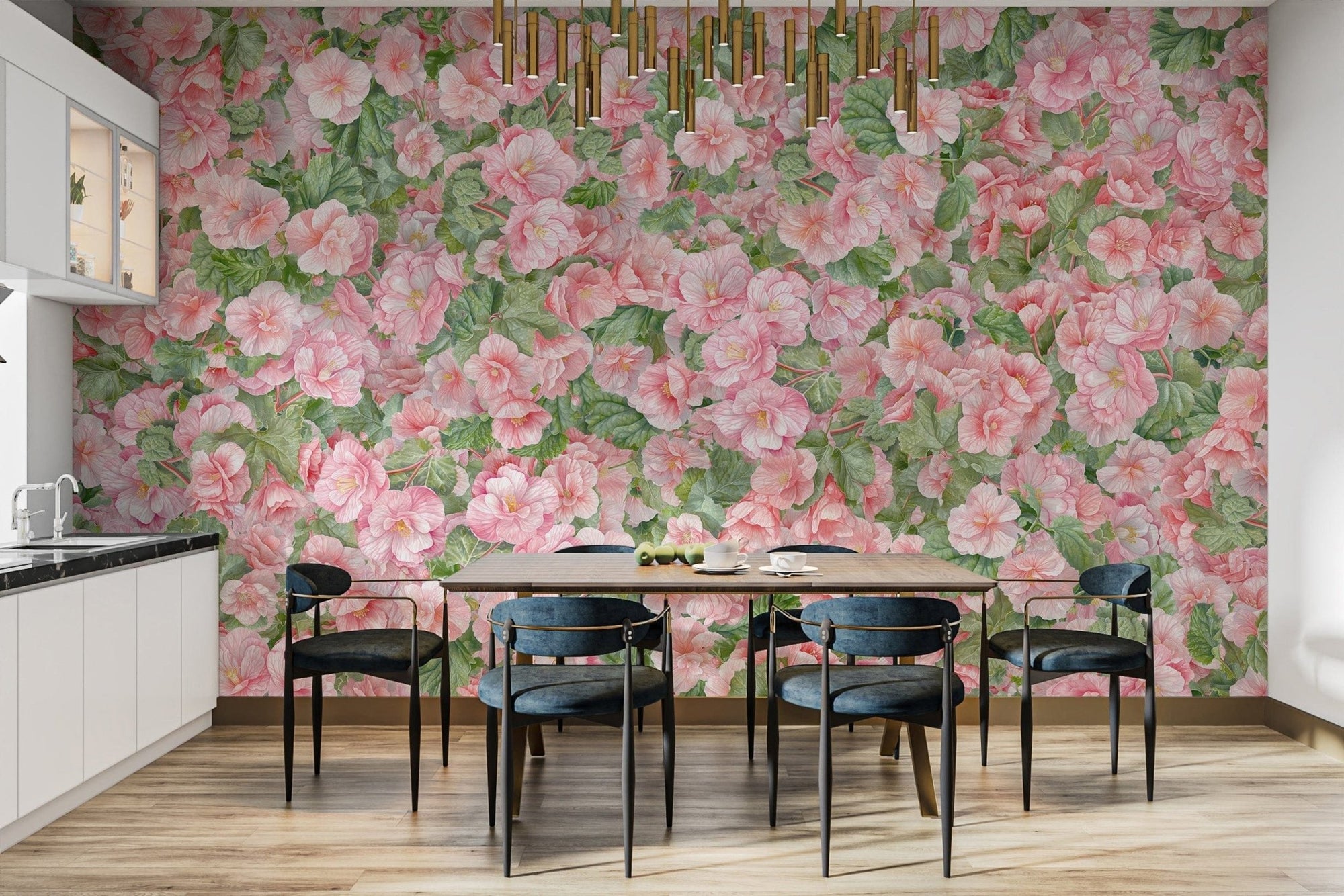 Pink Begonia floral wallpaper murals for dining room DTLI04
