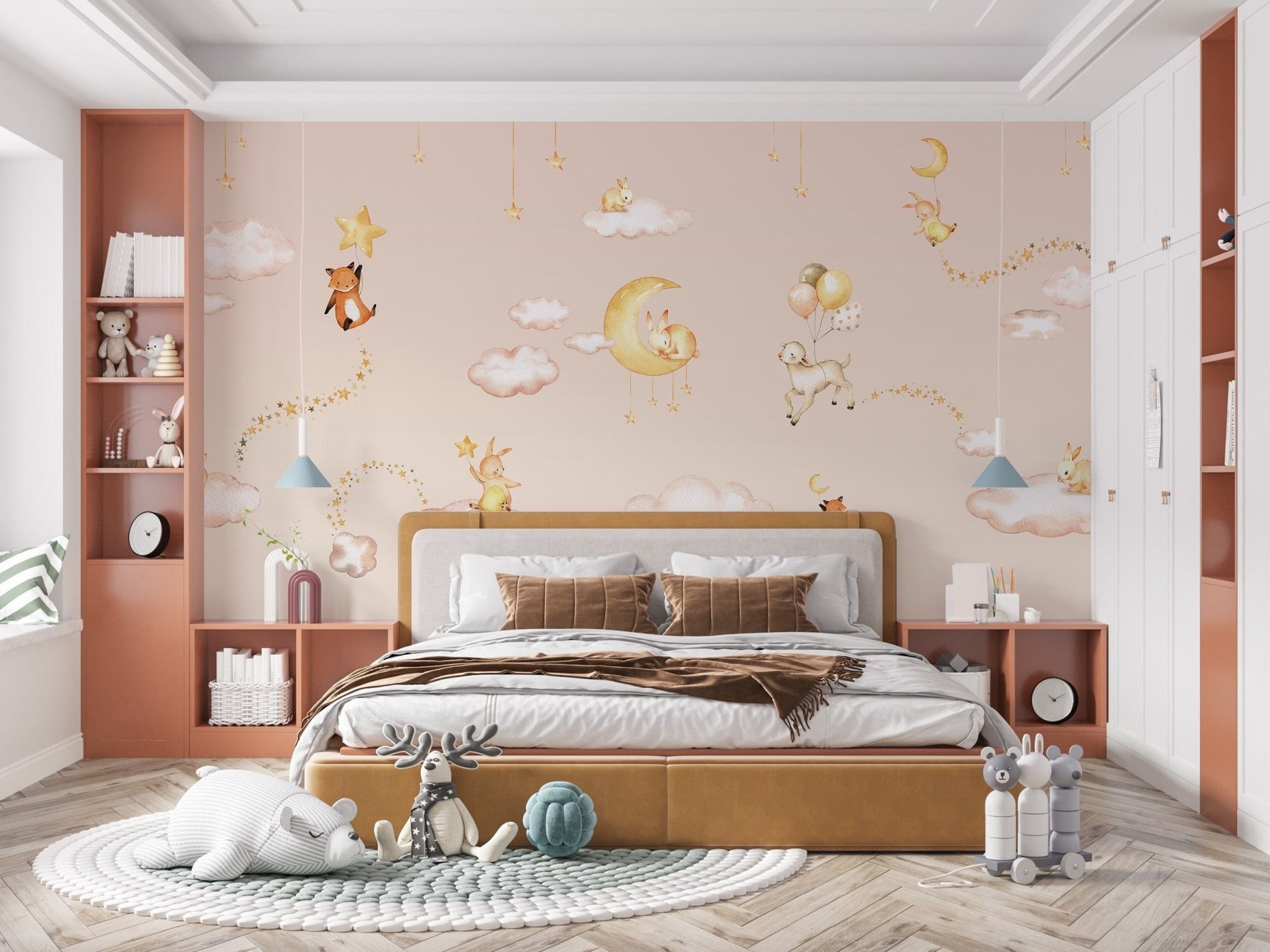 Pink Sweet Dreams wallpaper with clouds and cute animals KB47