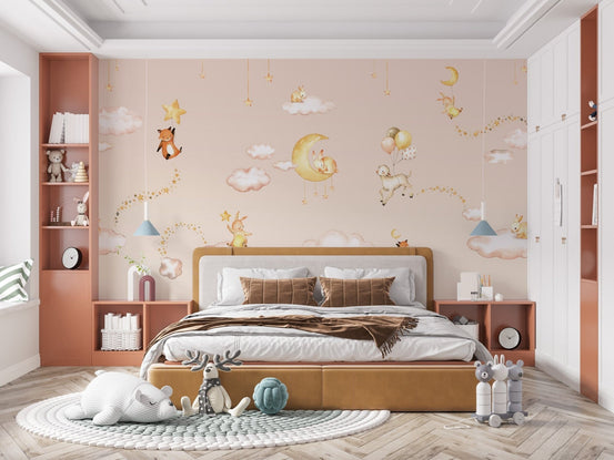 Pink Sweet Dreams wallpaper with clouds and cute animals KB47