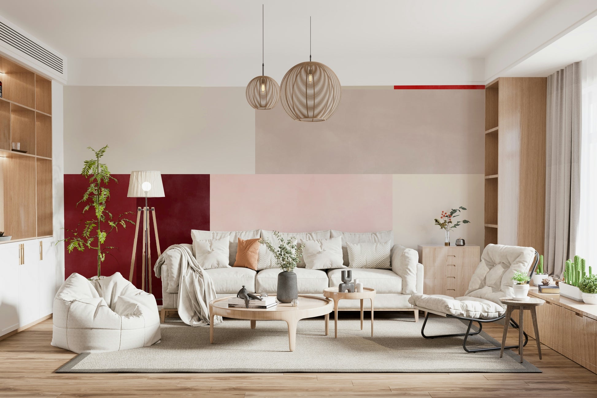 A peaceful geometric design mural on decorative wallpaper.