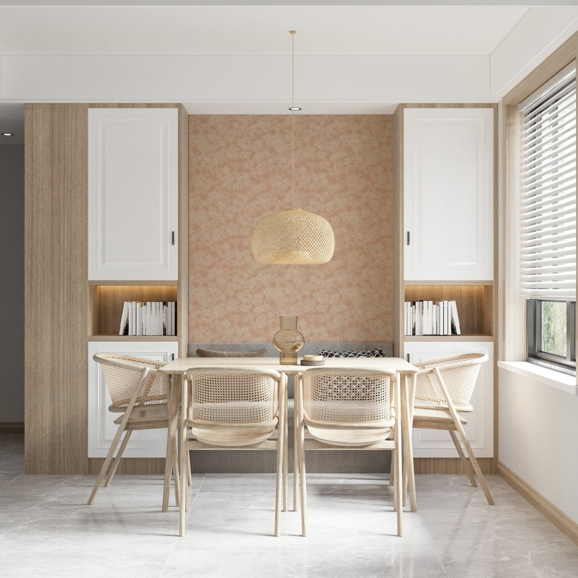 Blush Bloom Brushstrokes delicate patterned wallpaper, serene and airy feel.