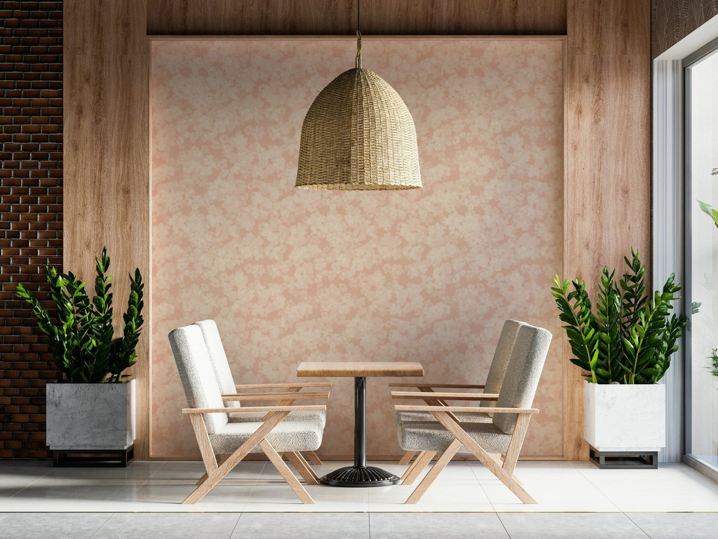 Creamy blush floral wallpaper, non-repeating pattern, modern look.