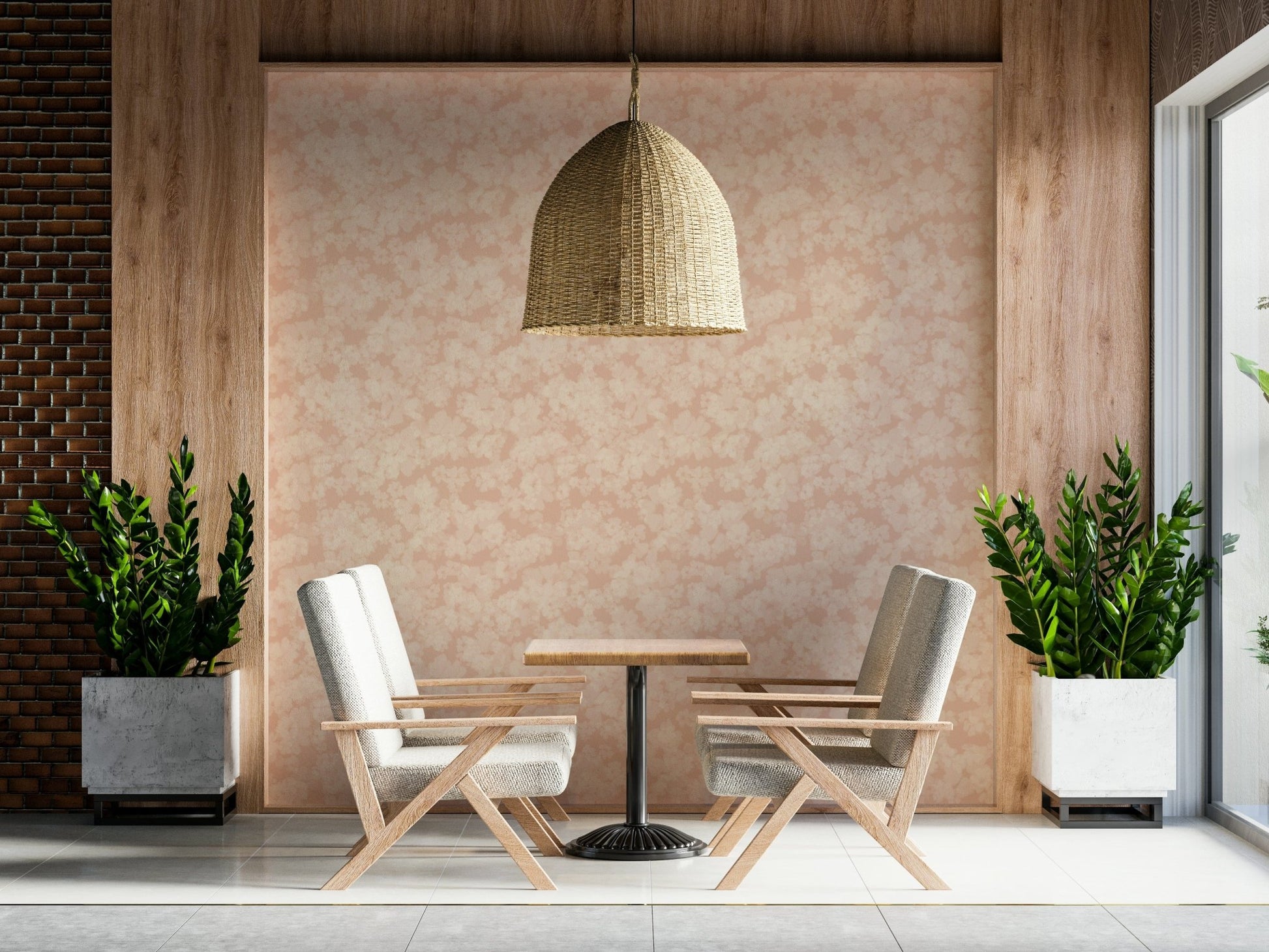 Creamy blush floral wallpaper, non-repeating pattern, modern look.