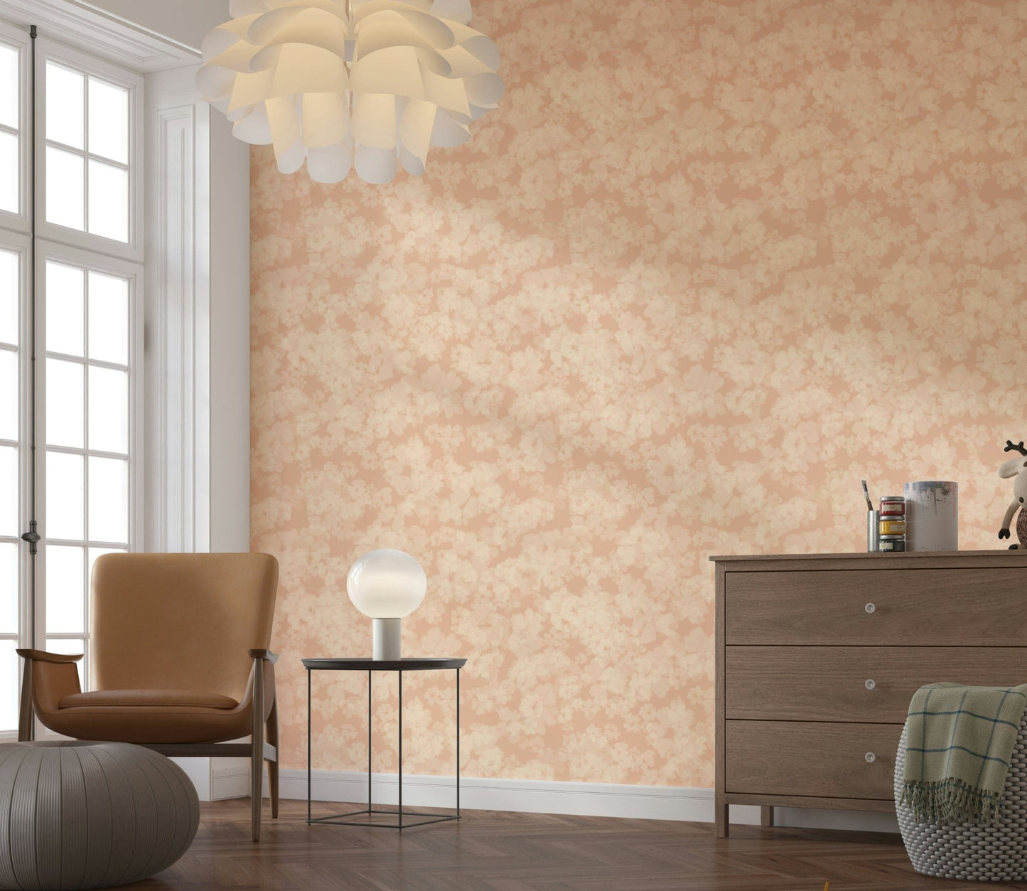 Feminine soft pink mural, artistic impressionistic flower shapes repeat.