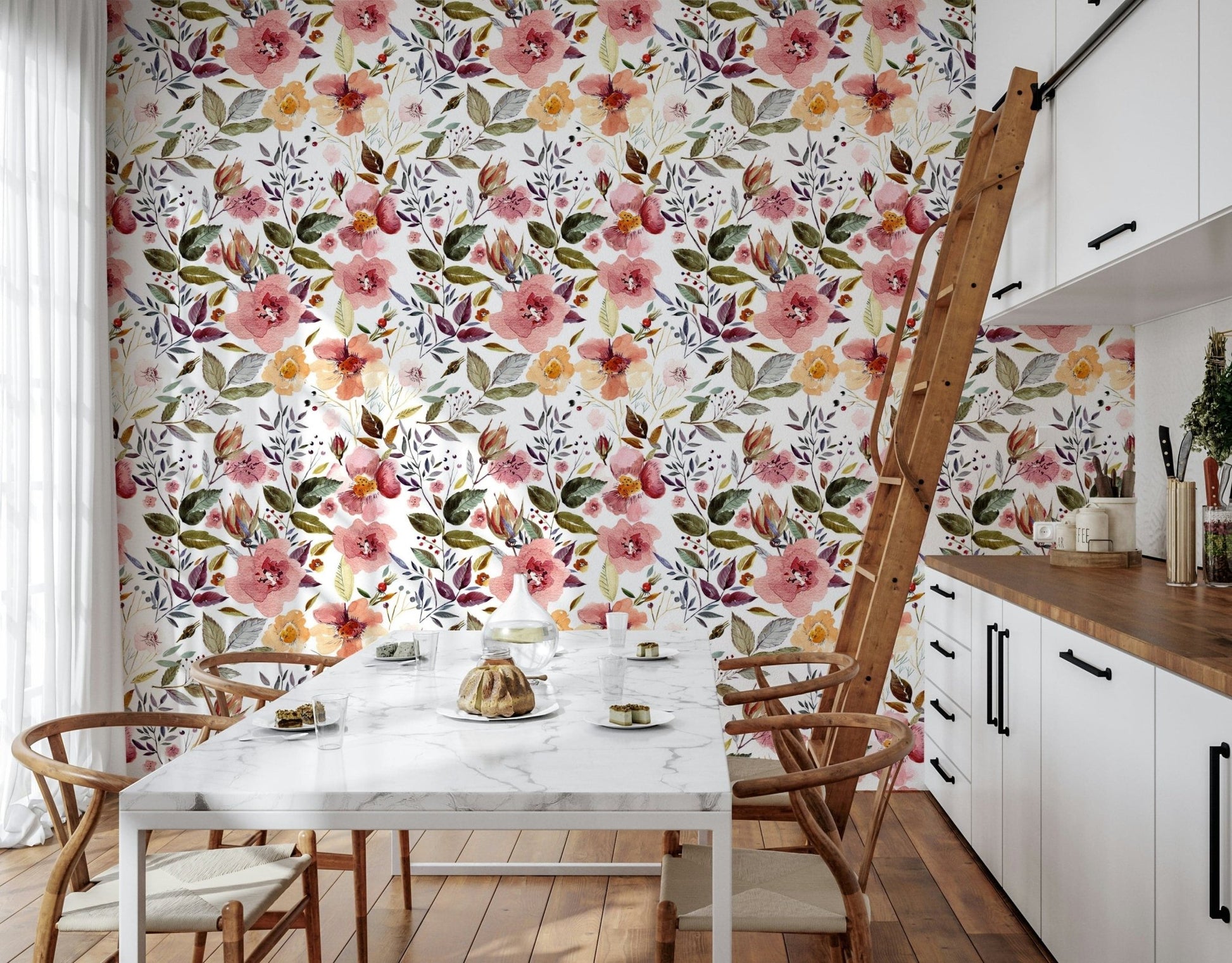 Deep purple foliage blush flower bedroom accent wallpaper