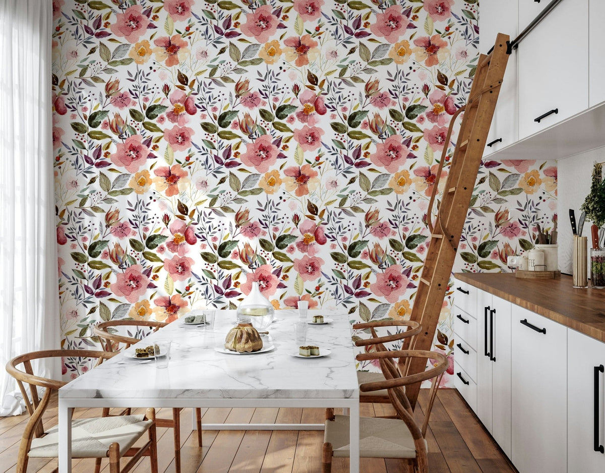Deep purple foliage blush flower bedroom accent wallpaper, GD7212