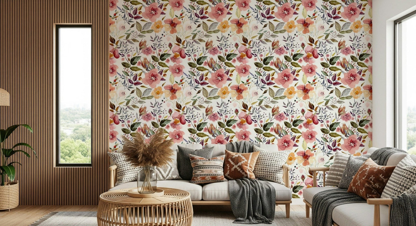 Delicate pink and orange botanical print wallcovering