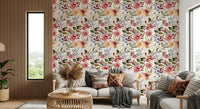 Delicate pink and orange botanical print wallcovering