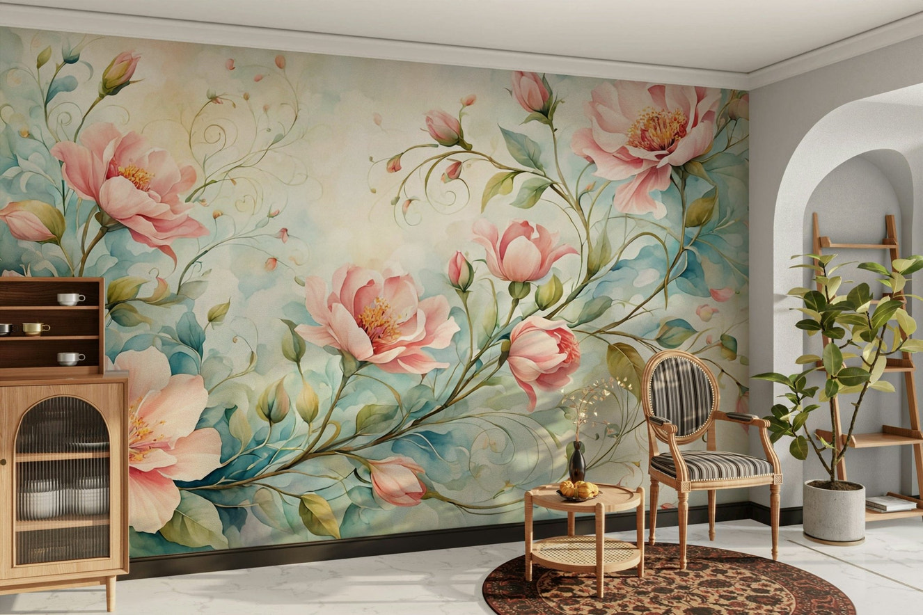 Blush pink floral wall mural design

