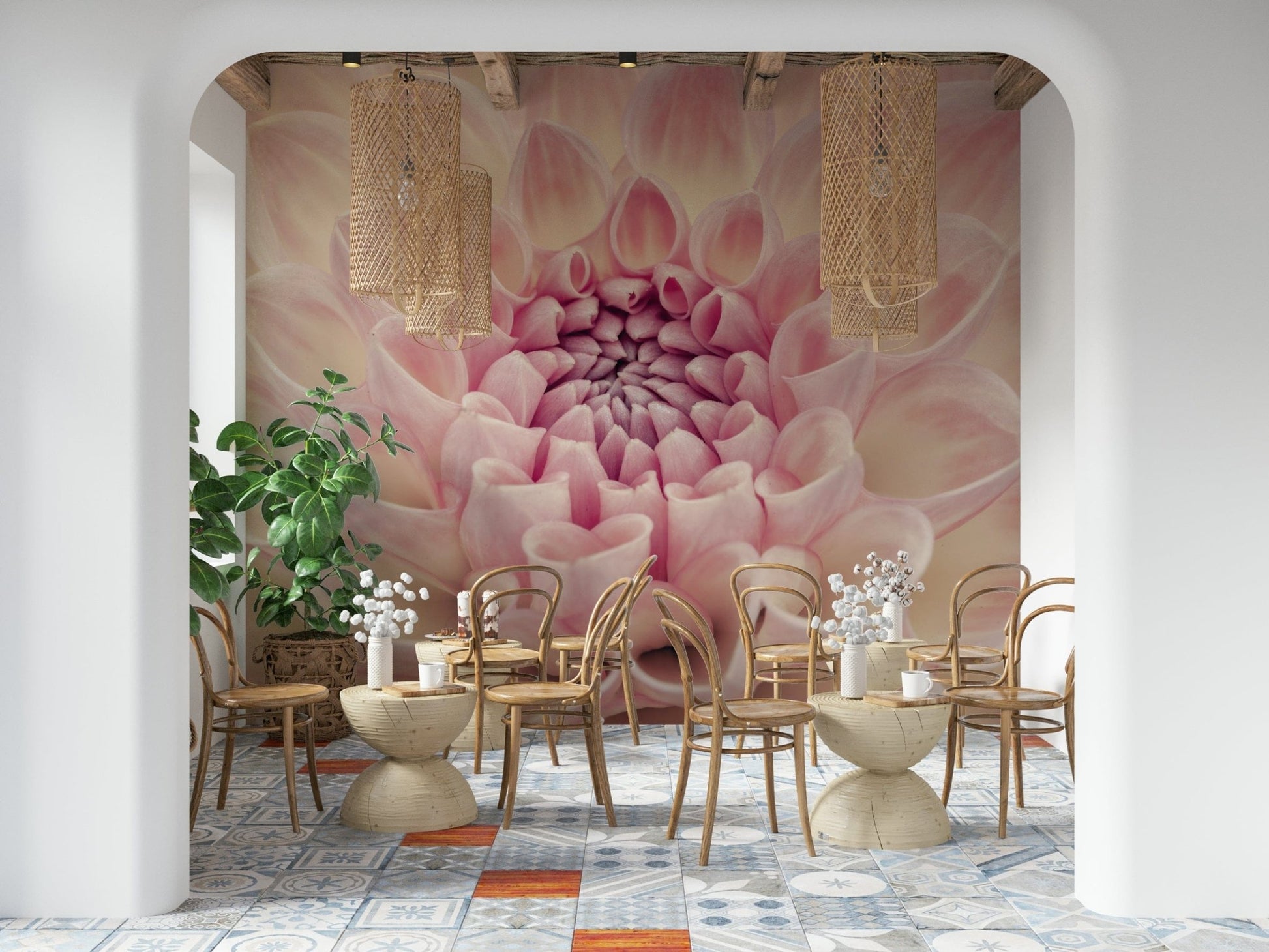 Detailed pink petal wallpaper in a stylish apartment dining area.