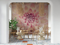 Detailed pink petal wallpaper in a stylish apartment dining area.