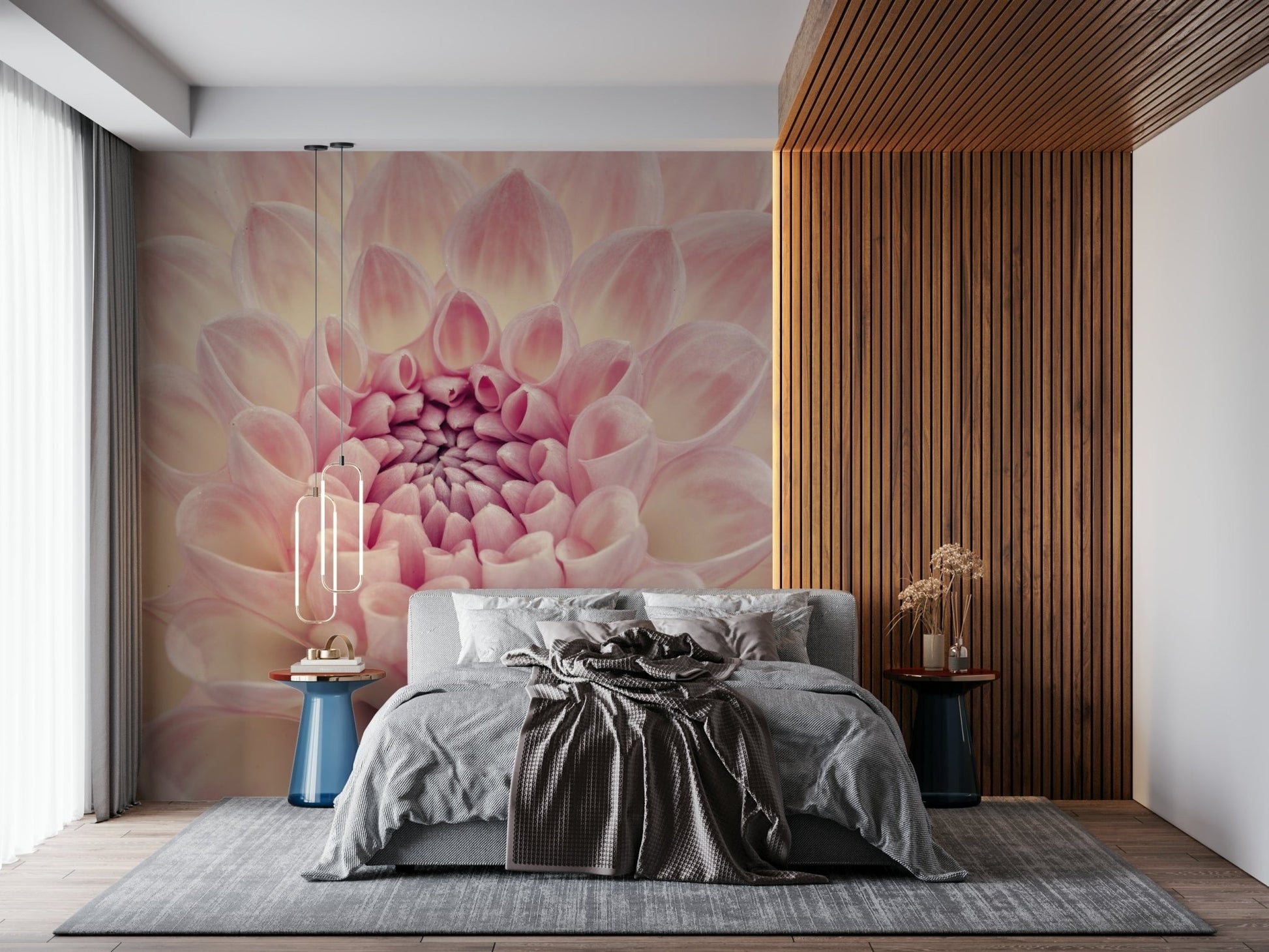 Botanical wall mural featuring large blossoms in a contemporary lounge.