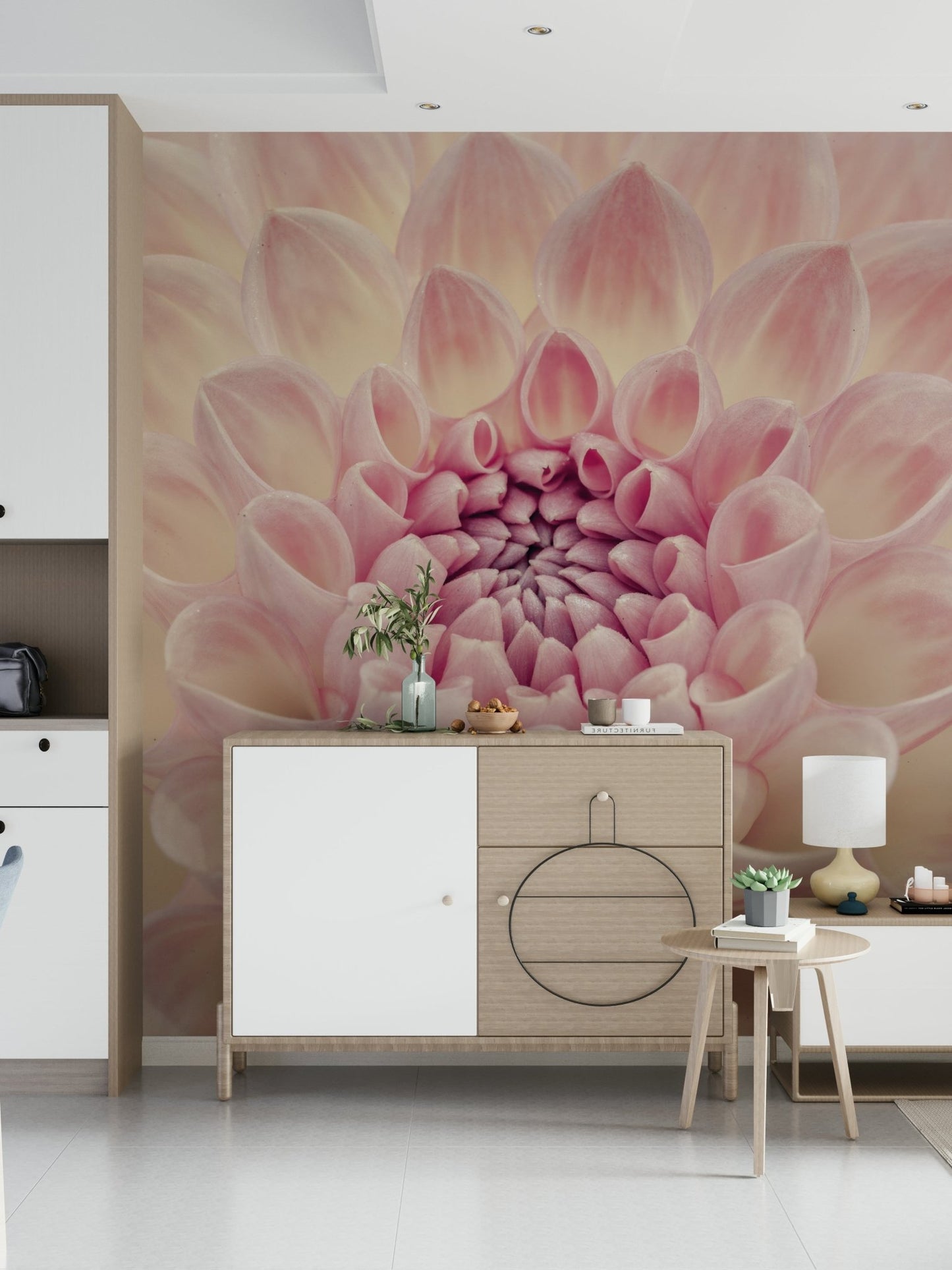 Pastel pink floral wallpaper for a serene master bedroom wall.