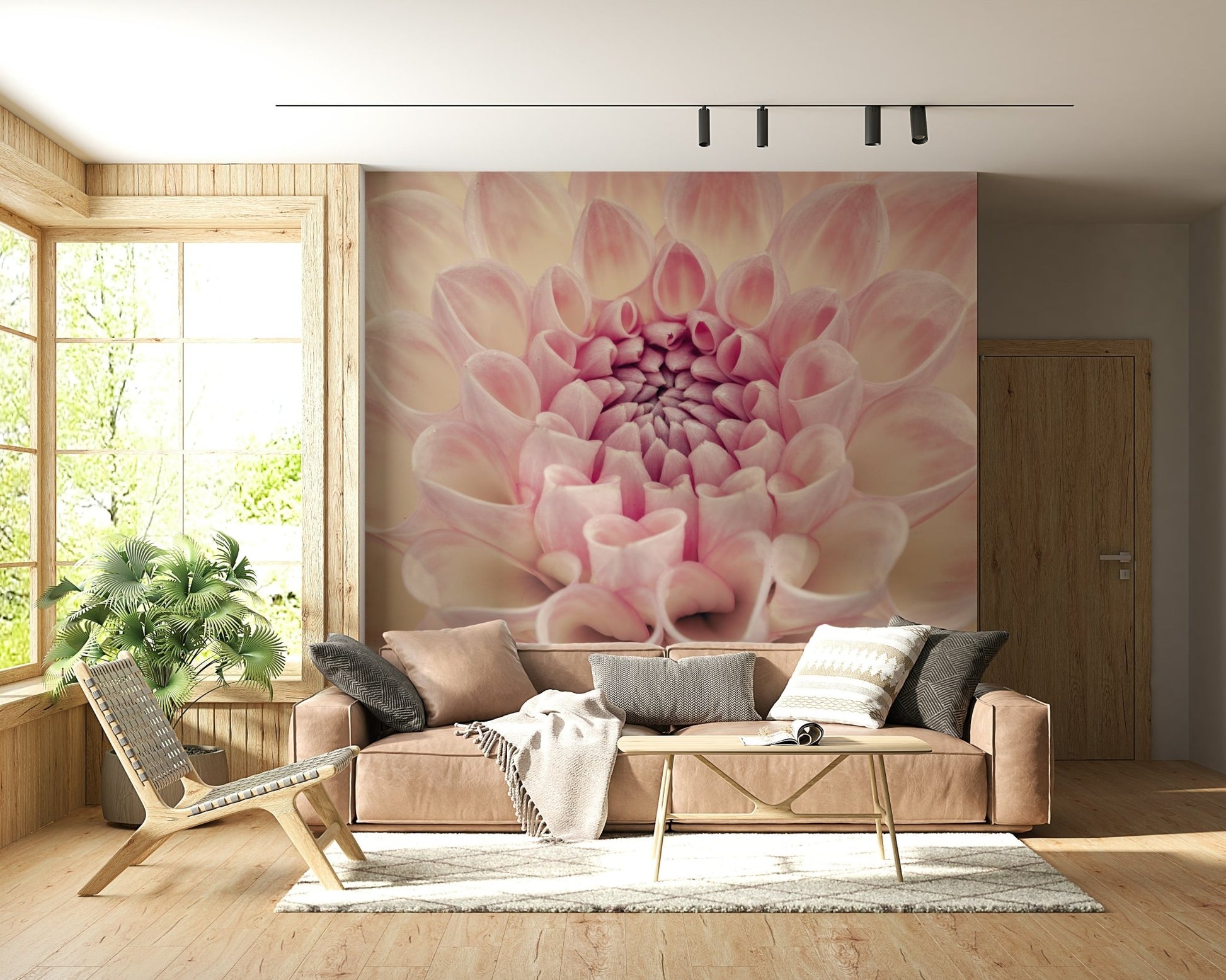Blush Bloom wall mural in a modern living room with soft lighting.