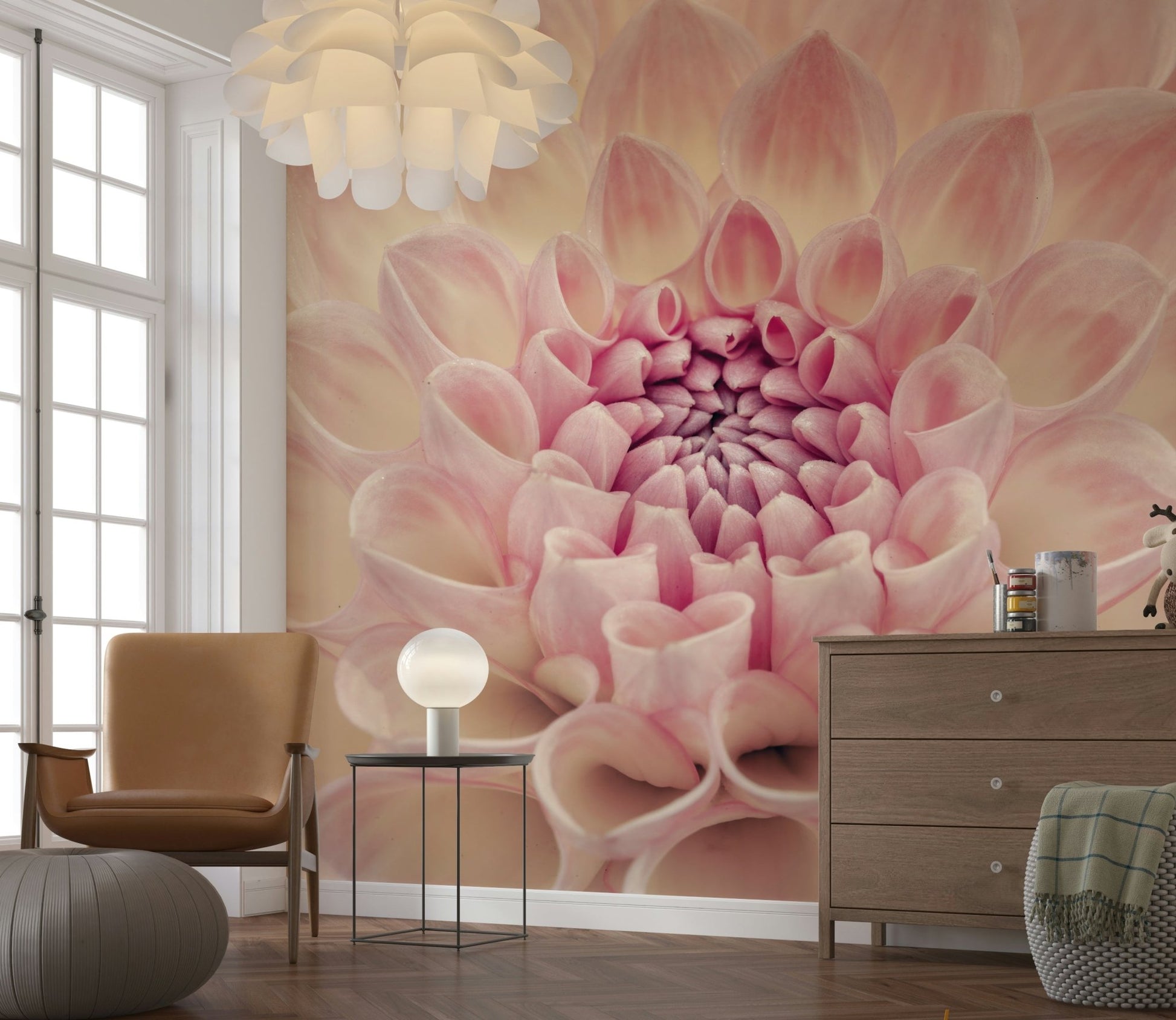 Artistic floral wall mural for a high-ceilinged flat entry space.