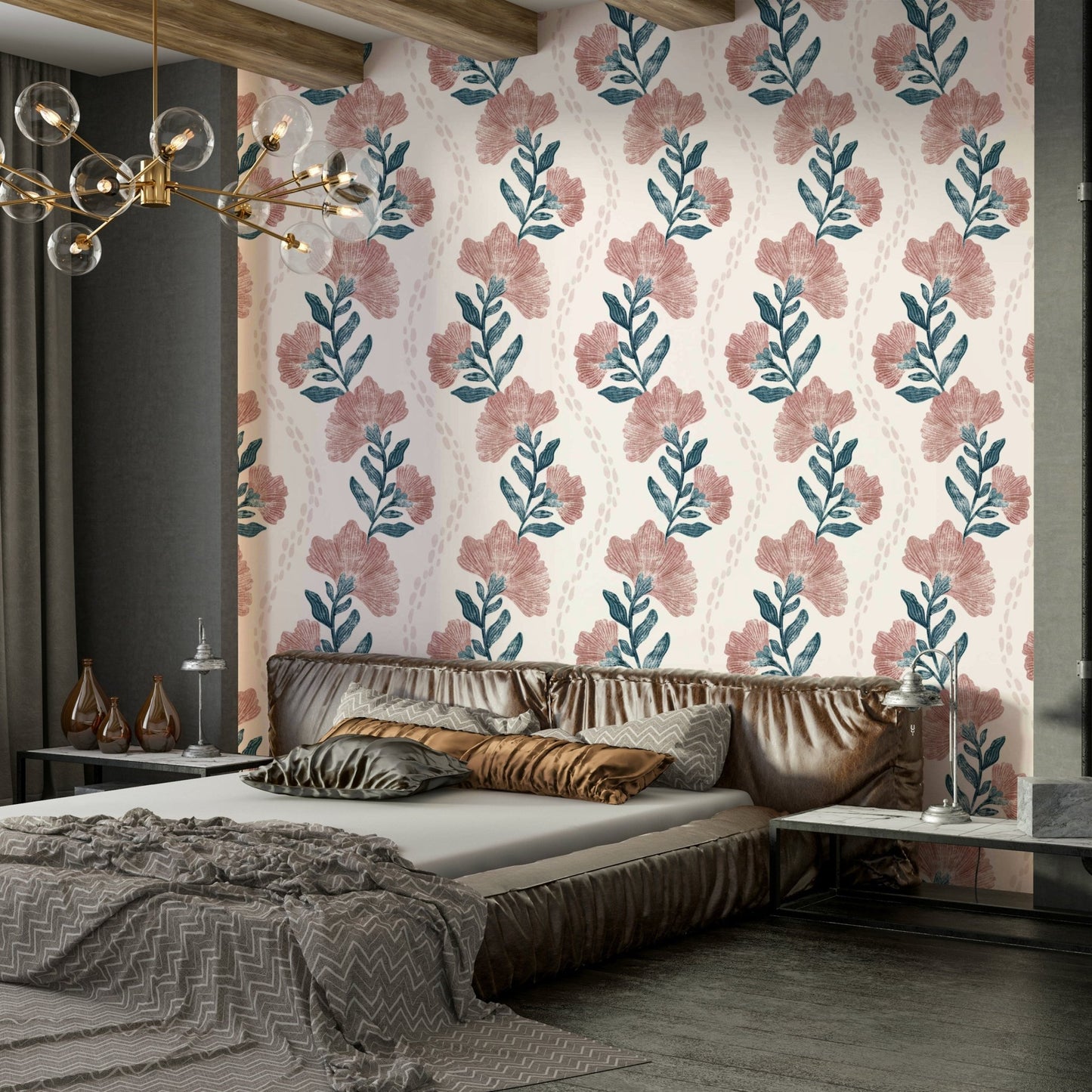 A wall mural of a peaceful floral pattern.

