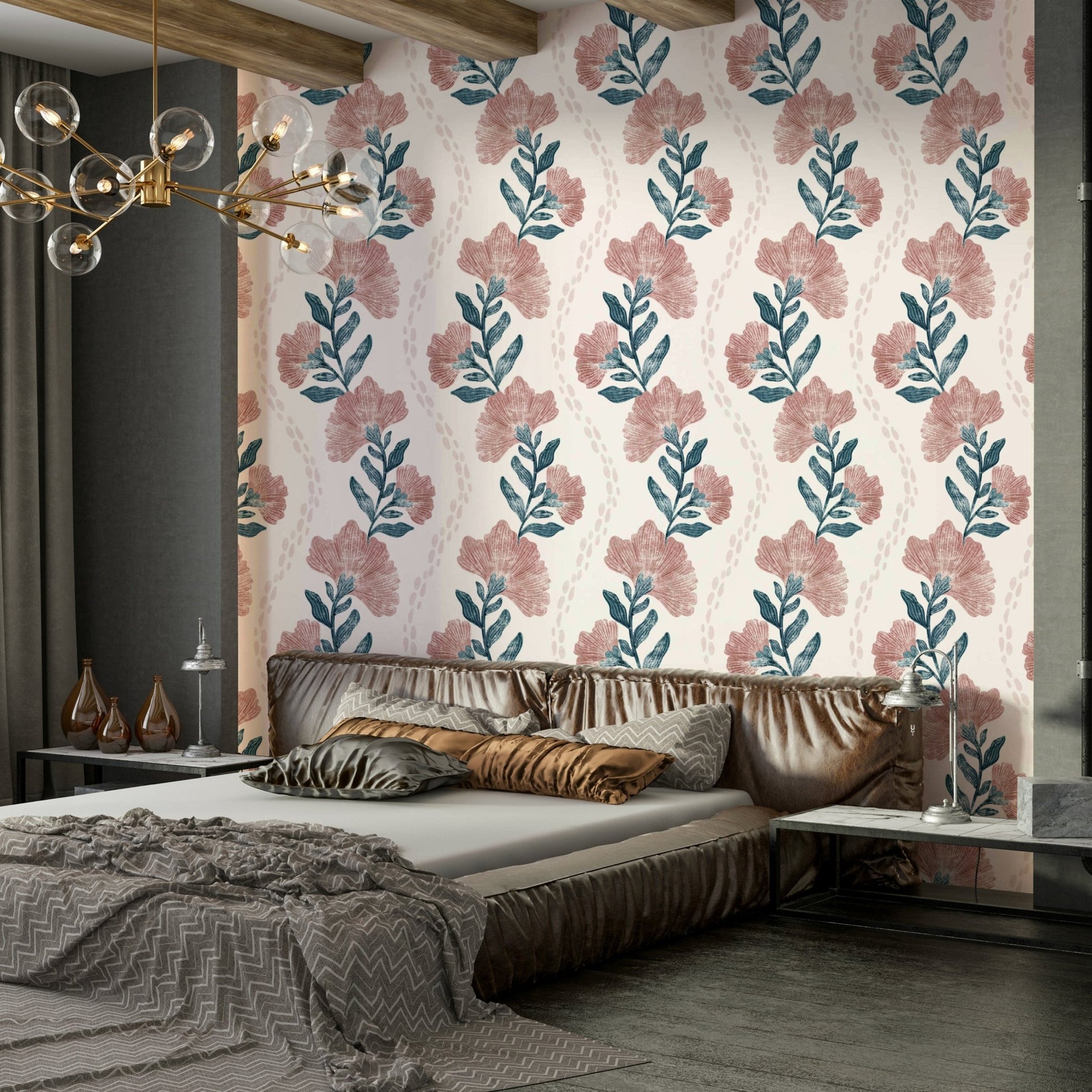 A wall mural of a peaceful floral pattern.

