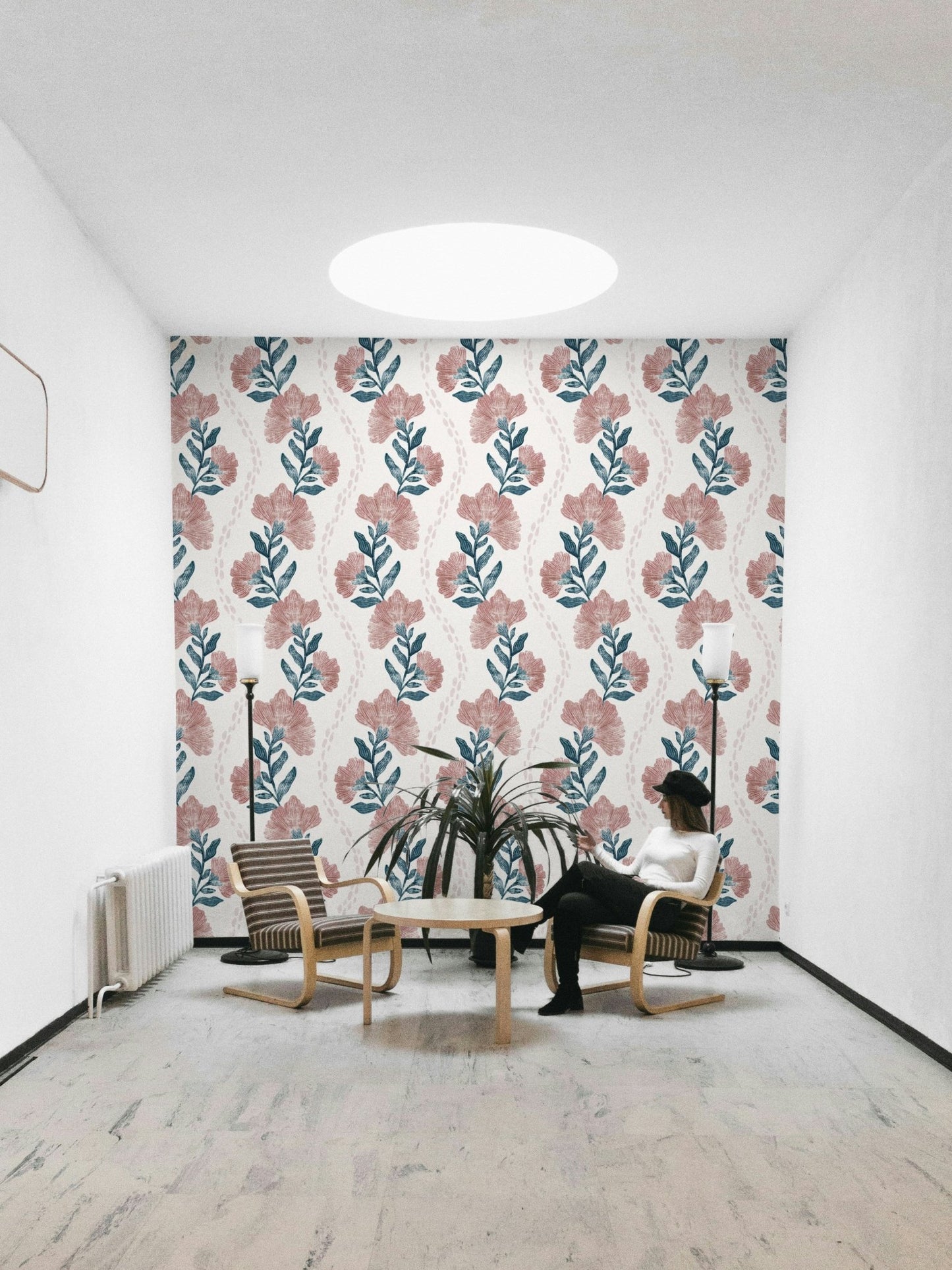 The colors are soft, muted tones of pink, green, and white.

