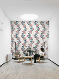 The colors are soft, muted tones of pink, green, and white.

