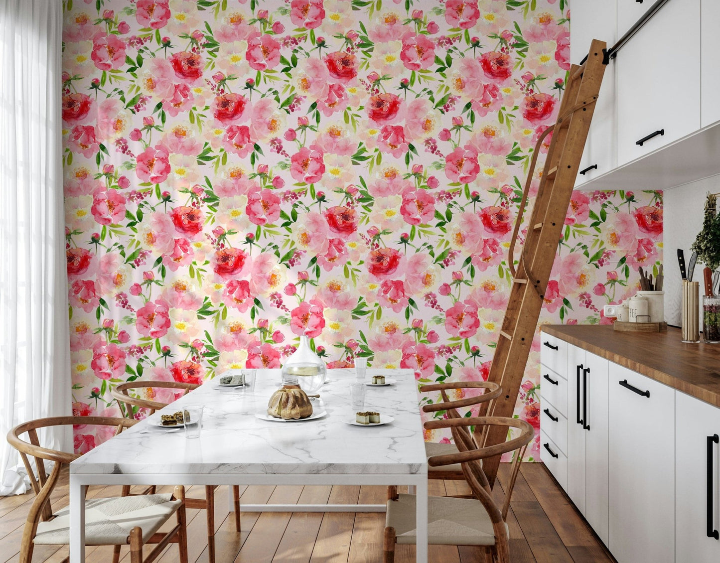 Blush Bloom Watercolor wall mural romantic garden inspired floral decoration.