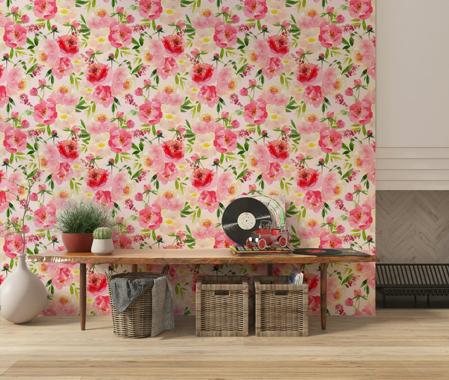 Blush Bloom Watercolor wall mural delicate pink peony flower pattern.