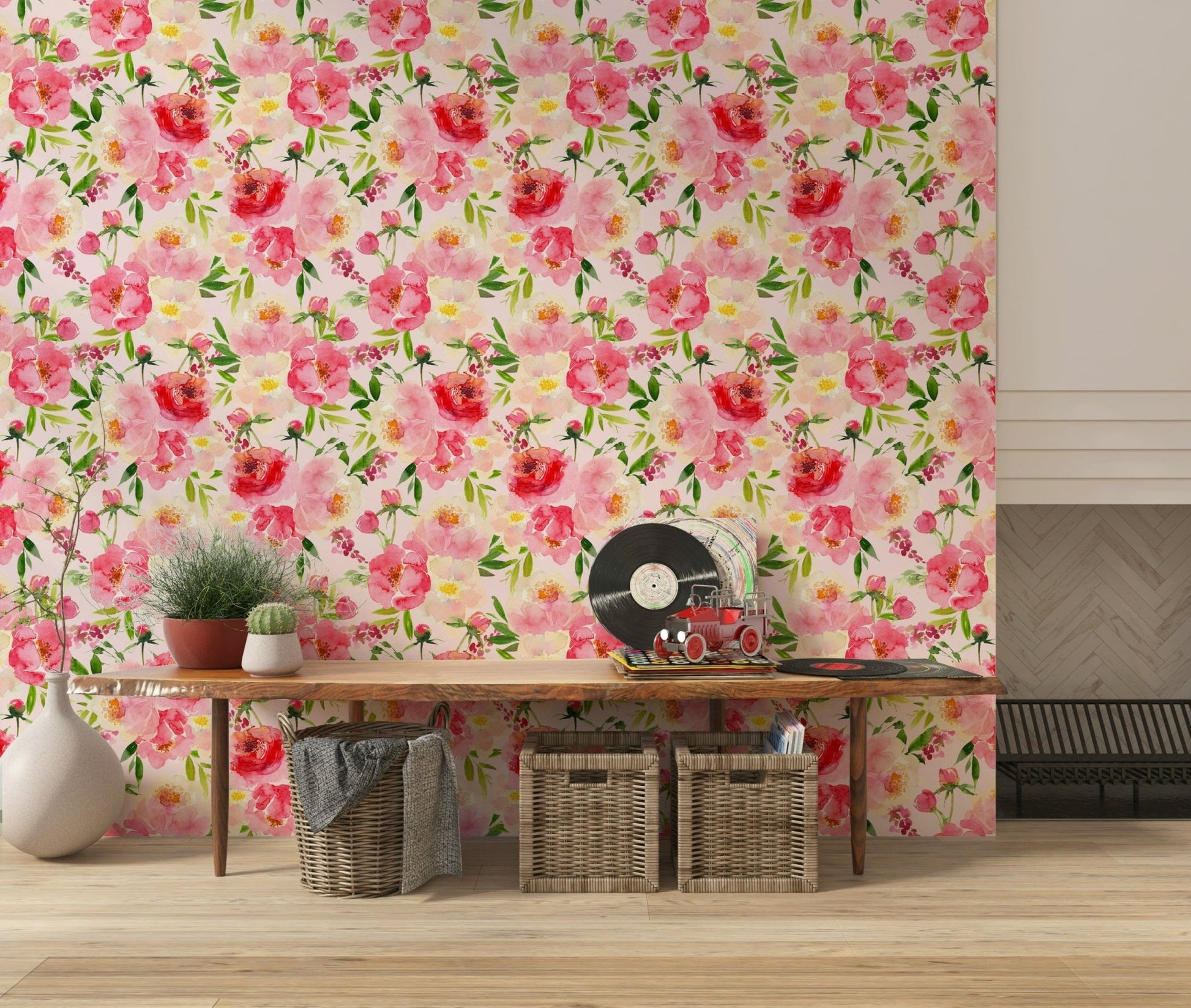 Blush Bloom Watercolor wall mural delicate pink peony flower pattern.