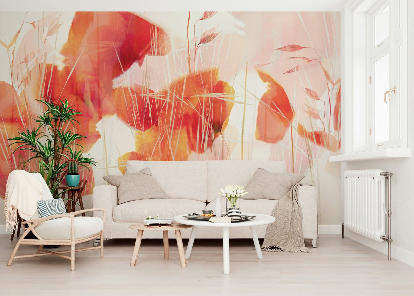 A graceful subtle bloom wall mural in soft, elegant tones.

