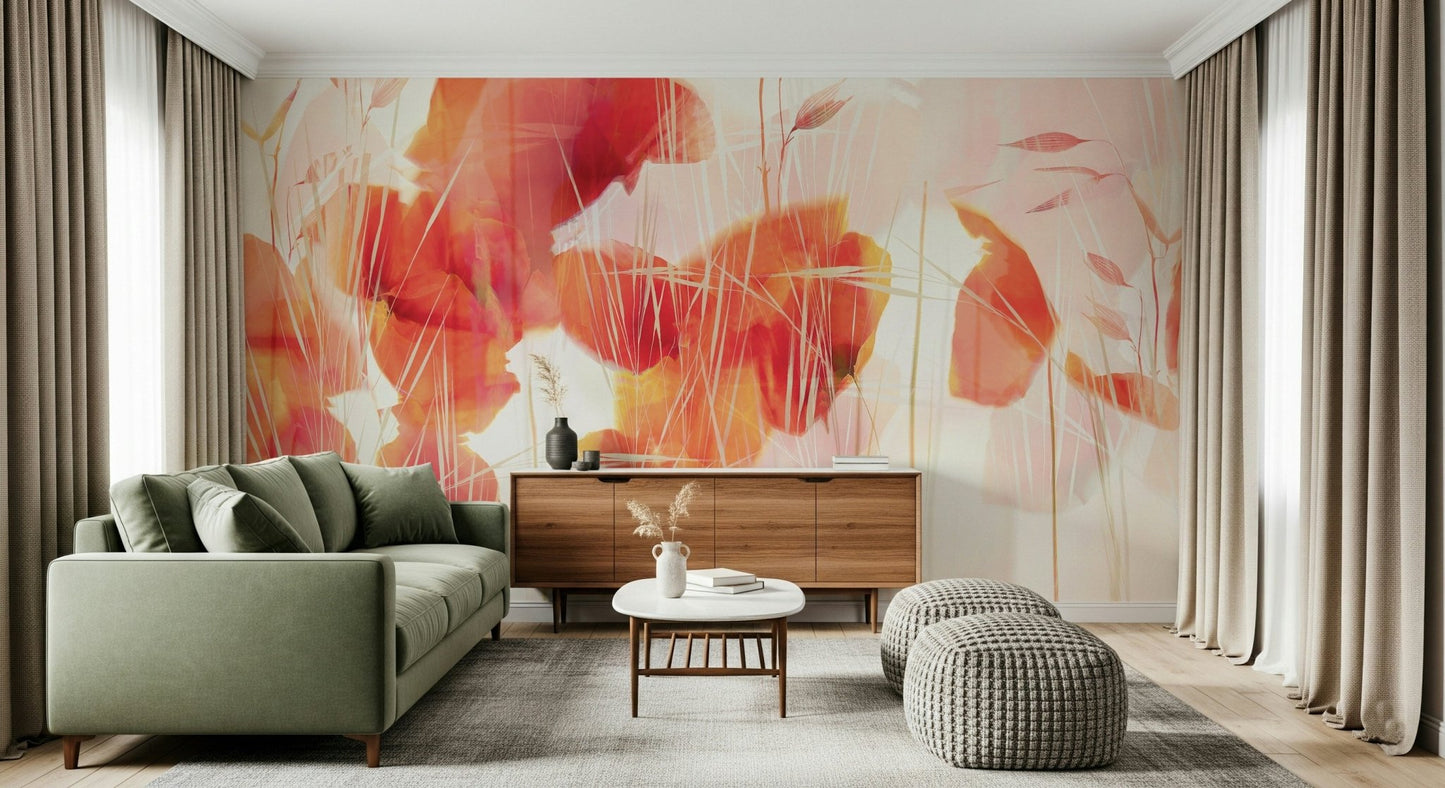 An artistic delicate bloom mural on minimalist wallpaper.

