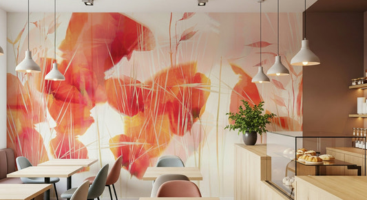 A beautiful subtle floral wallpaper mural in blush pink and white.

