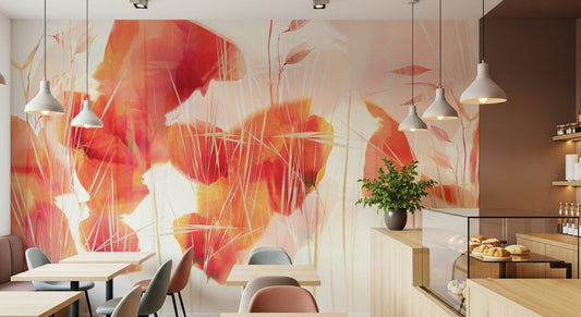 A beautiful subtle floral wallpaper mural in blush pink and white.

