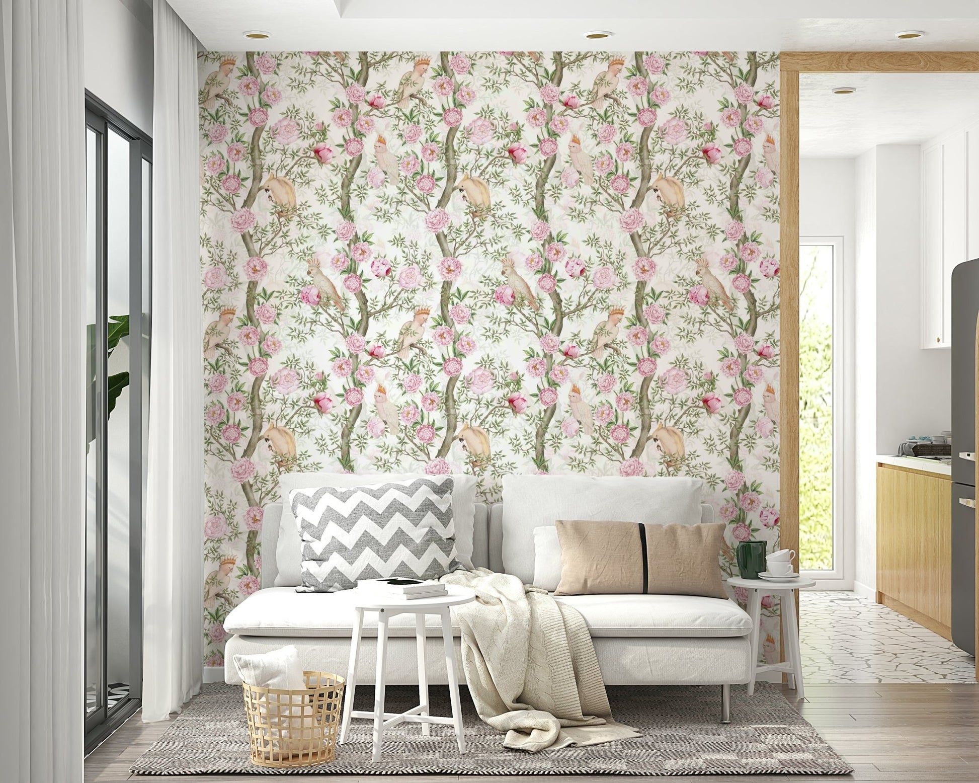 Blush floral wallpaper with birds on branches

