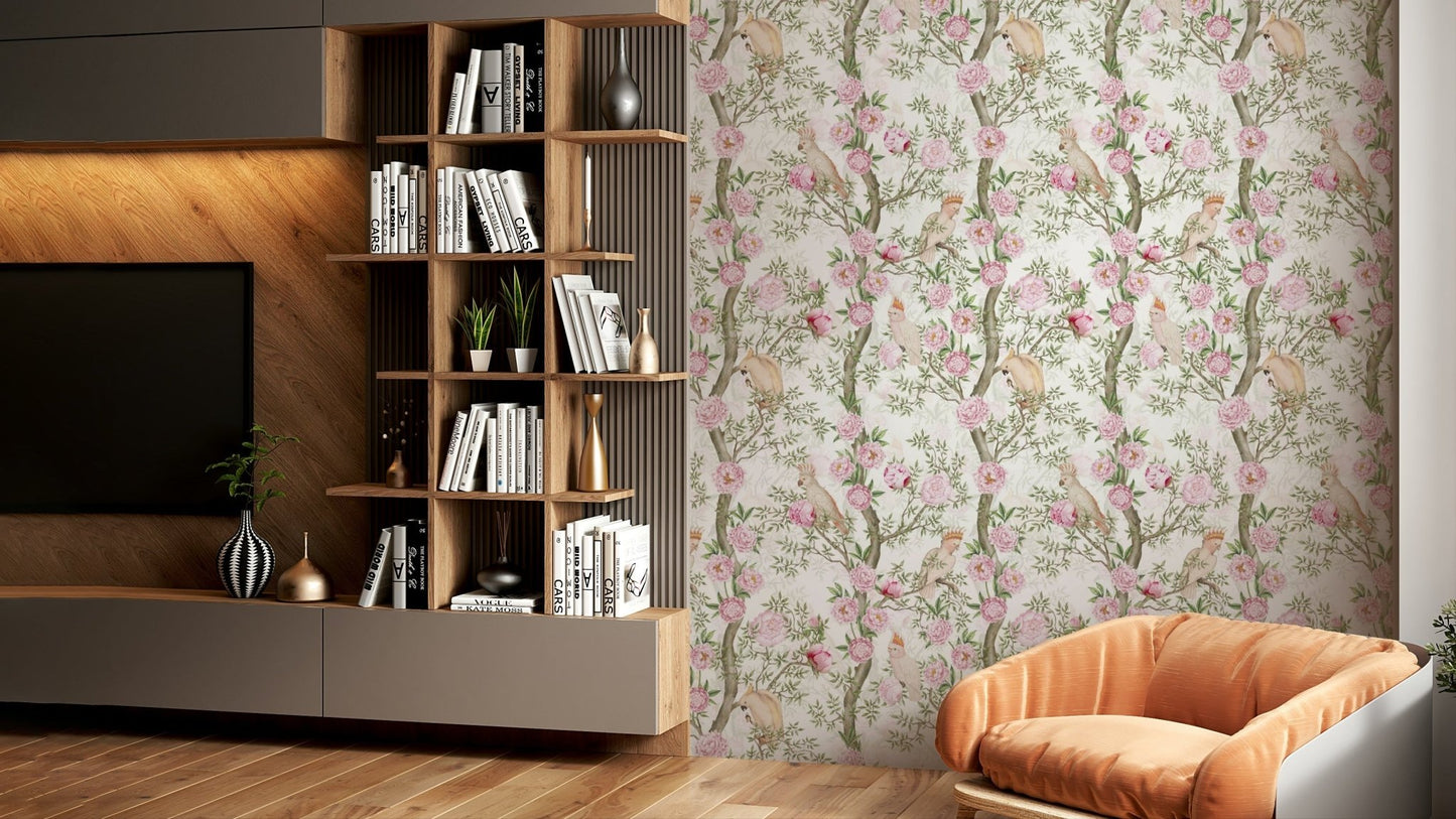 Birds resting on floral branches wall art

