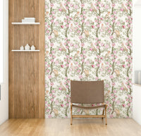 Botanical blush wallpaper with bird details

