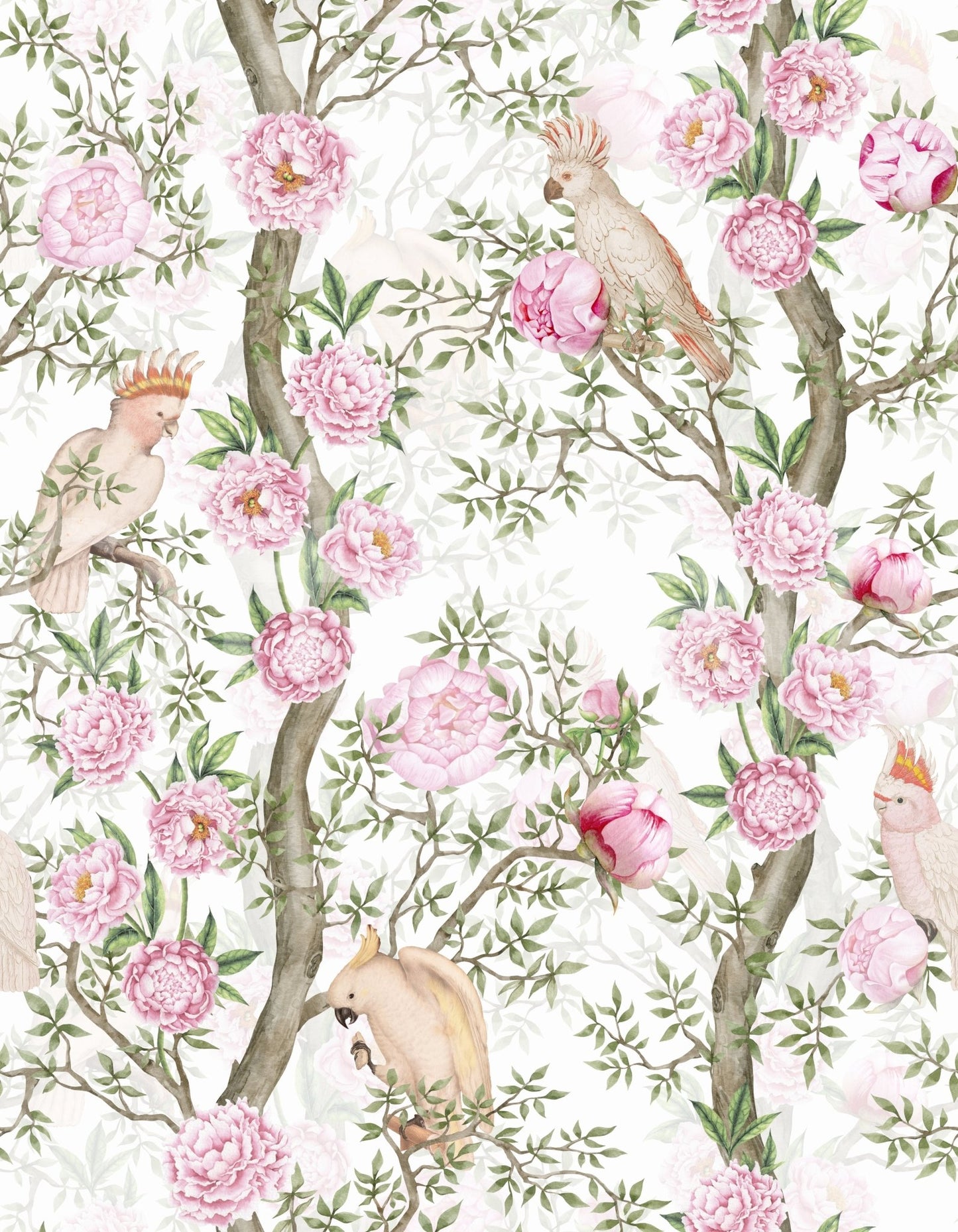 Close-up of birds and blush blossoms mural

