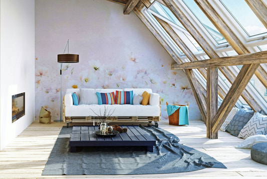 Blush Blossom Meadow wall mural with pink flowers

