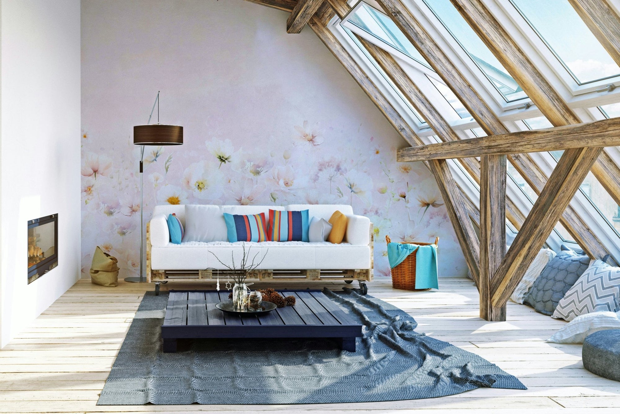 Blush Blossom Meadow wall mural with pink flowers, GD1261