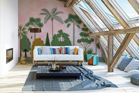 A full-wall mural showing a pattern of large, delicate flowers.
