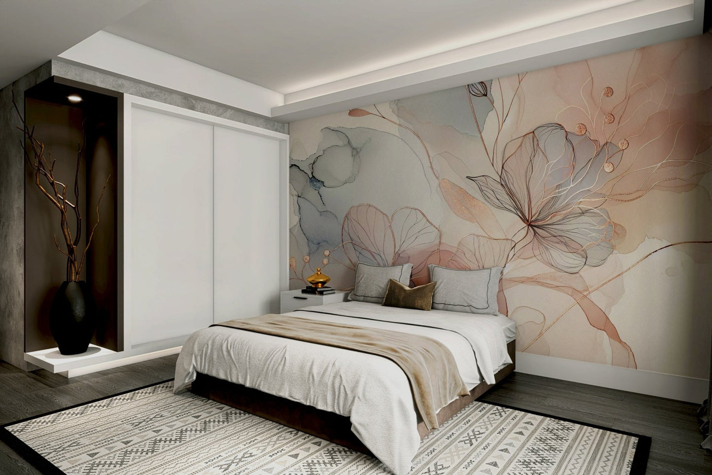 Tranquil blush wall mural featuring delicate botanicals.

