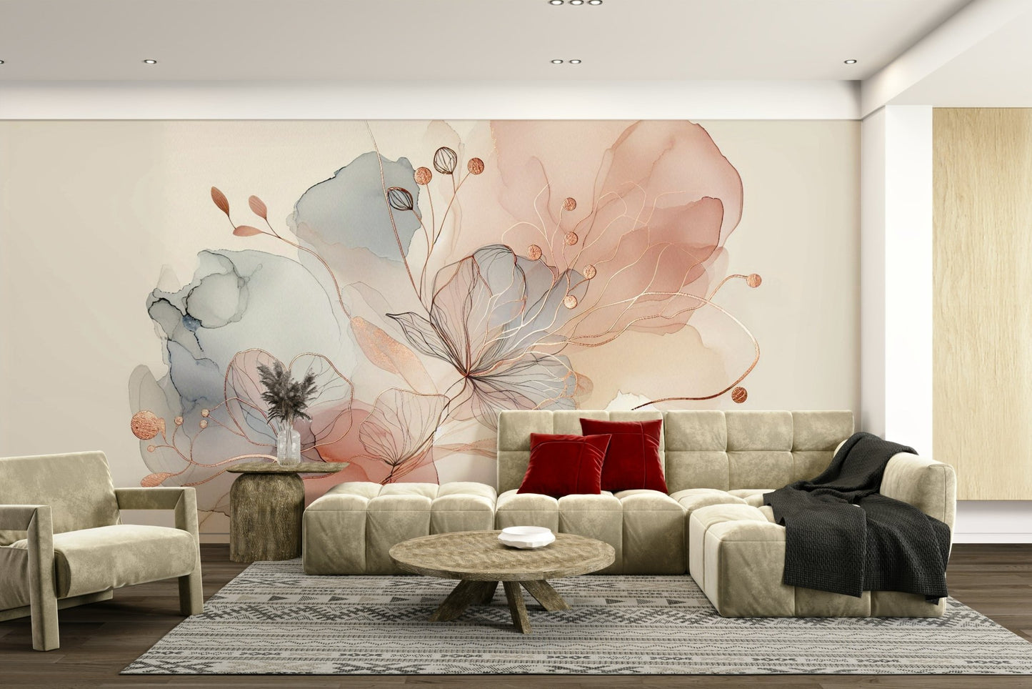 Lush blush botanical mural for a stylish home upgrade.

