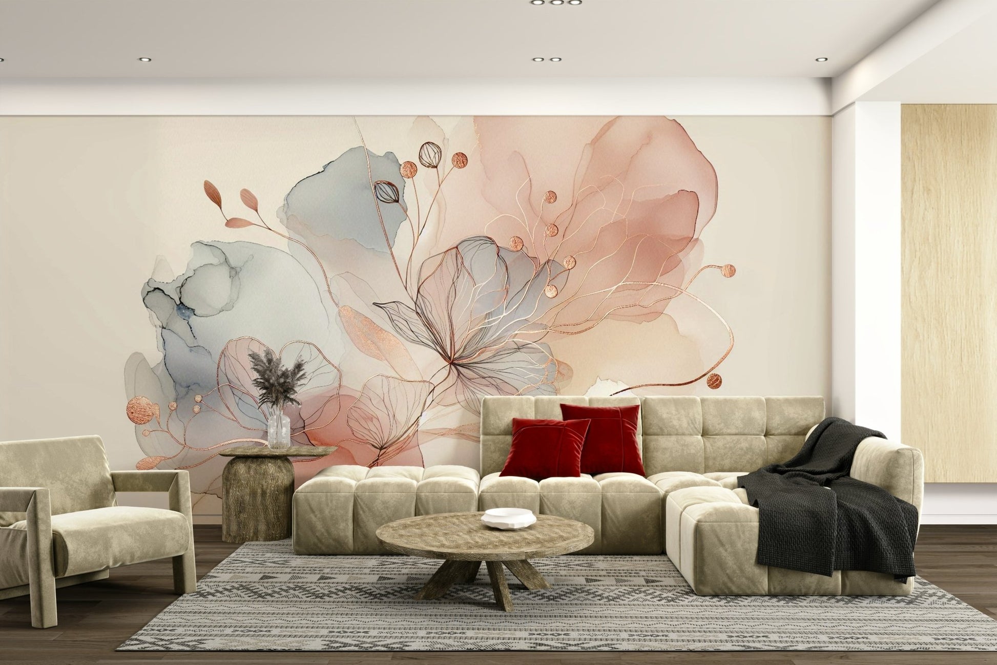 Lush blush botanical mural for a stylish home upgrade.

