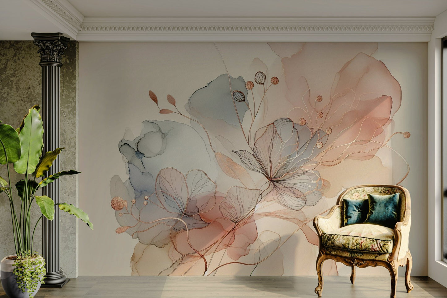 Soft blush-toned botanical mural for calming spaces.

