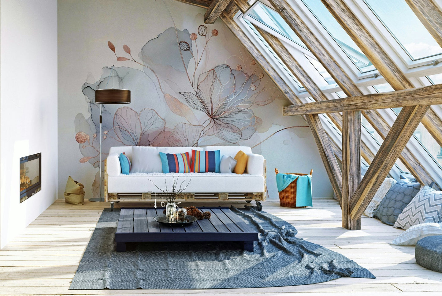 Blooming blush botanical mural for modern interiors.

