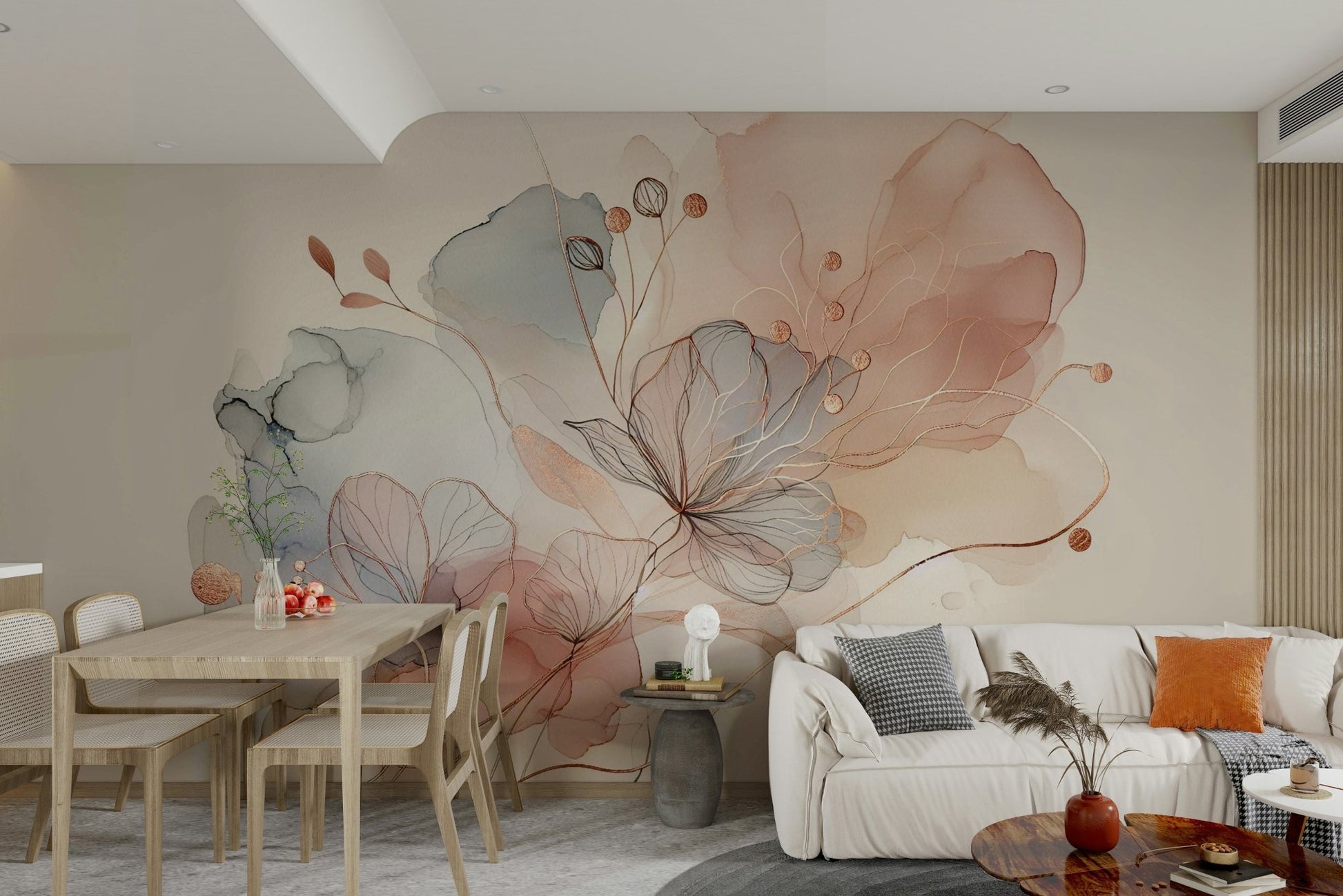 Elegant blush floral wall mural with botanical designs.

