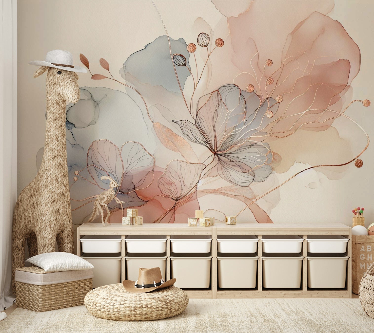 Add a blush botanical wall mural for a fresh look.

