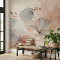 Serene blush floral mural for peaceful room vibes.

