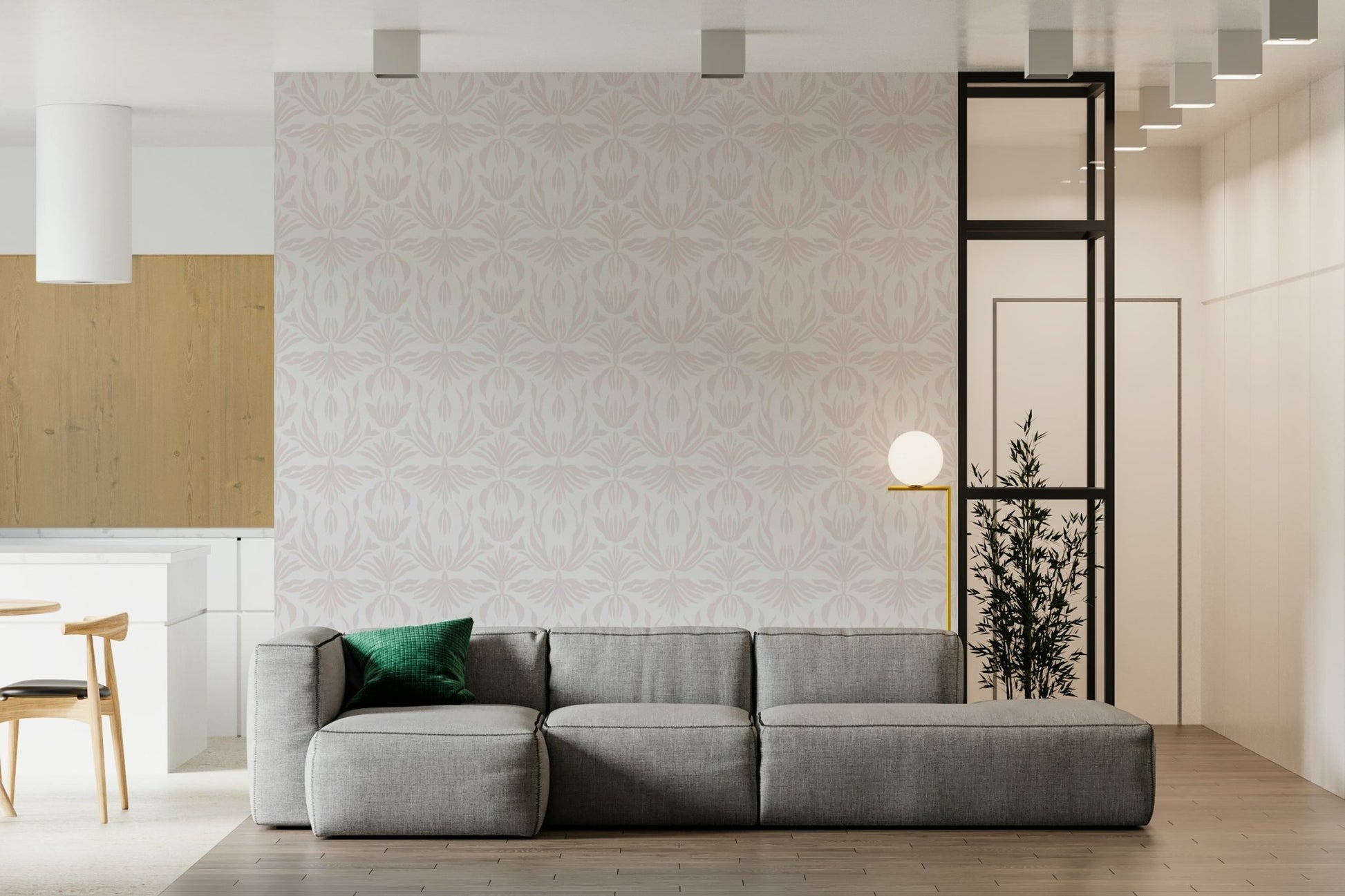 A beautiful subtle floral wallpaper mural in blush pink and white with an echoing effect.