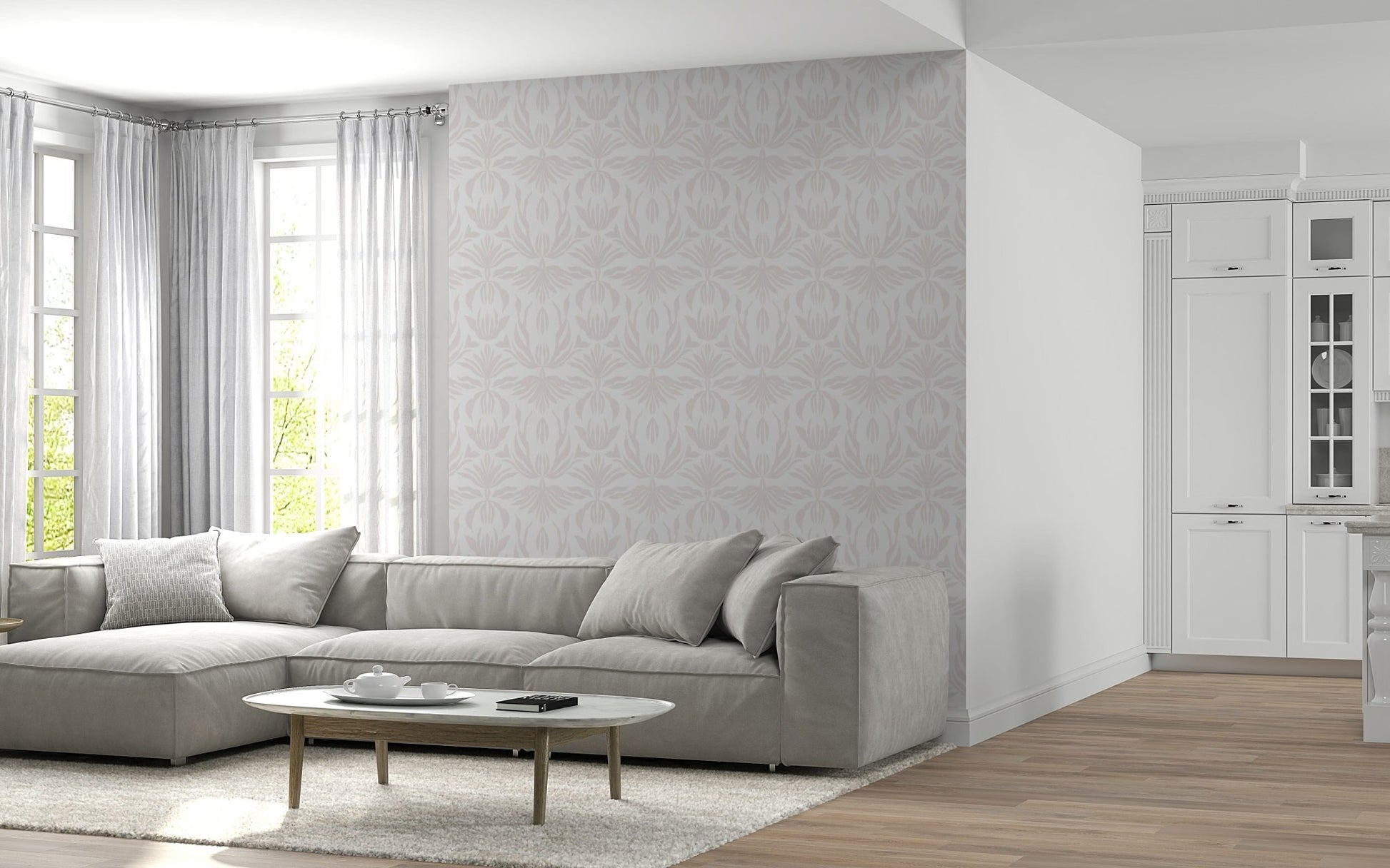A graceful subtle bloom wall mural in soft, elegant tones.