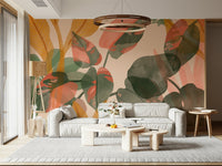 An artistic delicate bloom mural on minimalist wallpaper.