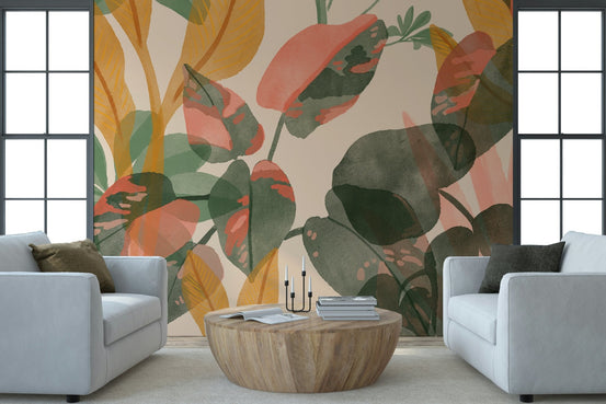 A beautiful subtle floral wallpaper mural in blush pink and green., GD5324