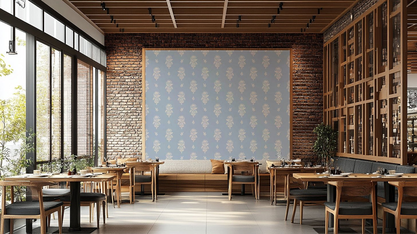 Wallcovering featuring soft blush botanical patterns

